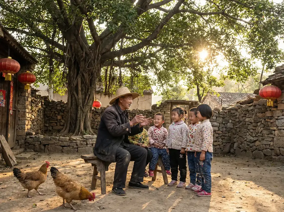 老人在大榕树下给孩子们讲故事 - 老汉推车| 乡村记忆