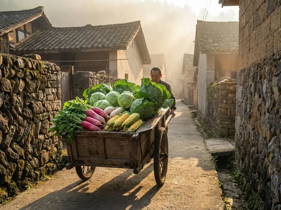 清晨推着满载蔬菜的独轮车穿过村巷 - 老汉推车| 乡间日常